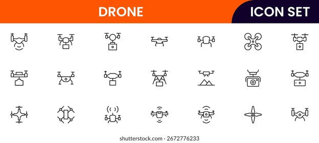 Drone vector line icons featuring quadcopters, remote controls, aerial views, GPS, cameras, mapping, surveillance, delivery, and flight navigation tools.