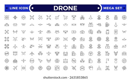 Drone vector outline icon set. Contains linear outline icons like Quadcopter, Propeller, Remote Control, Radar, Camera, Battery, Delivery, Copter
