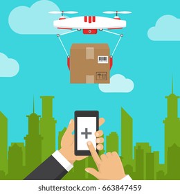Drone with a video camera, control panel. Modern flying device. Vector Illustration of drone and remote control for the quadrocopter.