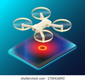 Drone with video camera flys above screen tablet concept vector illustration. Quadcopter flying isolated. Autonomous or wireless remoted drone. Vector 3d isometric icon