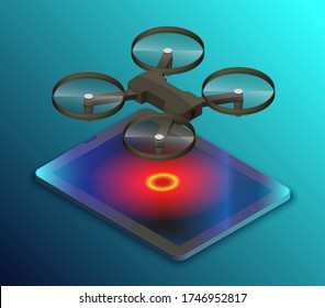 Drone with video camera flys above screen tablet concept vector illustration. Quadcopter flying isolated. Autonomous or wireless remoted drone. Vector 3d isometric icon