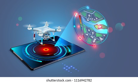 Drone with video camera flys on assigned route and transmit streaming fpv video on screen tablet. Navigation digital map of autonomous or wireless remoted drone.