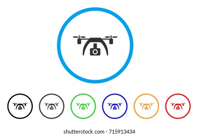 Drone Video Camera icon. Vector illustration style is a flat iconic drone video camera gray rounded symbol inside light blue circle with black, gray, green, blue, red, orange color versions.