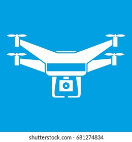 Drone video camera icon white isolated on blue background vector illustration