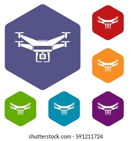 Drone video camera icons set rhombus in different colors isolated on white background