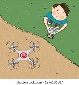 Drone video camera image - young boy controlling his drone, standing on the ground, drone is in the air - original hand drawn illustration