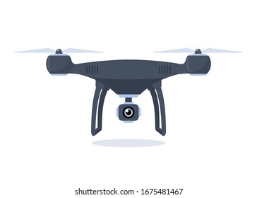 Drone with video camera. Quadcopter isolated on white background. Equipment for aerial shots. Vector flat illustration