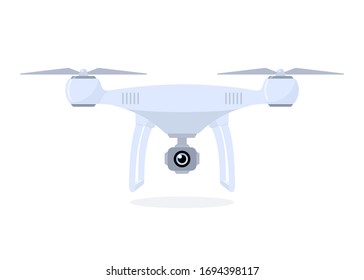 Drone with video camera. Quadcopter isolated on white background. Equipment for aerial shots. Vector flat illustration