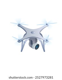 Drone com câmera de vídeo. Quadricóptero isolado em fundo branco. Equipamento para disparos aéreos. Ilustração plana do vetor. ilustração de stock