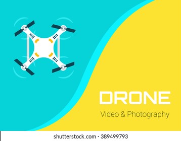 Drone Video and Photography. Vector isolated Drone on green background. Vector Drone. Aerial drone flying flying over the sea