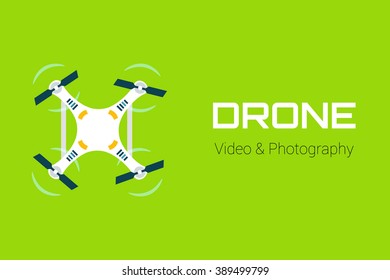 Drone Video and Photography. Vector isolated Drone on green background. Isolated Drone. Aerial drone flying.