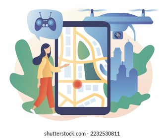 Drone videography, aerial photography, quadcopter operator, air survey services, drone photo on smartphone. Drone with camera. Modern flat cartoon style. Vector illustration on white background
