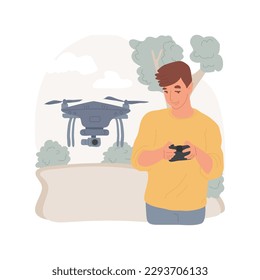 Drone videography isolated cartoon vector illustration. Young boy working with drone and using remote controller, learning new skills, leisure time outdoor, filming creation vector cartoon.