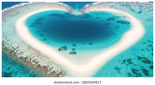 Drone view of island lagoon in heart shape, tropical paradise, clear blue water, coral reef, serene ocean landscape, natural beauty.