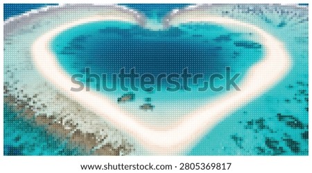 Drone view of island lagoon in heart shape, tropical paradise, clear blue water, coral reef, serene ocean landscape, natural beauty.