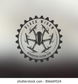 Drone vintage style label. Vector sticker. Flying club emblem.