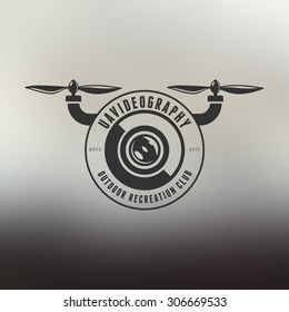 Drone vintage style label. Vector sticker. Flying club emblem.