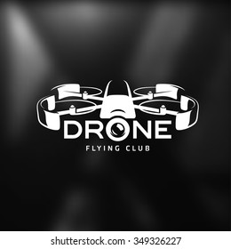 Drone vintage style label. Vector sticker. Flying club emblem.