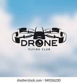 Drone vintage style label. Vector sticker. Flying club emblem.