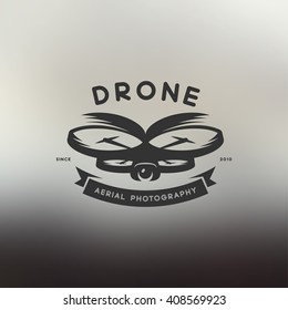 Drone vintage style label. Vector sticker. Flying club emblem.