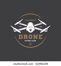 Drone vintage style label. Vector sticker. Flying club emblem. Vector vintage illustration.