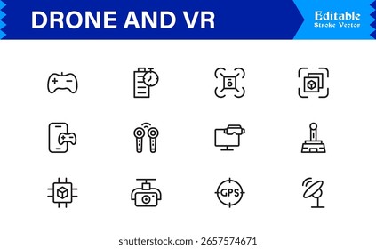 Drone e íconos de realidad virtual: conjunto de íconos de línea de Profesional moderno con diseño de Vector mínimo para temas de Tecnología e innovación
