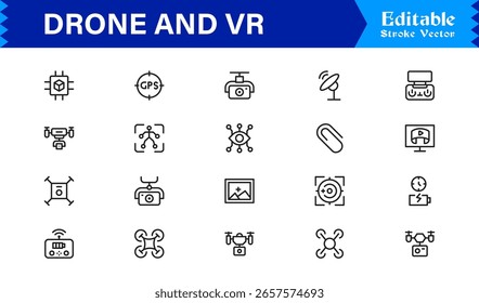 Drone and Virtual Reality Icons – Modern Professional Line Icon Set Featuring Minimal Vector Design for Technology and Innovation Themes