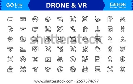 Drone and Virtual Reality Icons – Modern Professional Line Icon Set Featuring Minimal Vector Design for Technology and Innovation Themes