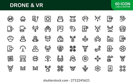 Drone und Virtual Reality Line Icon-Set - Moderne professionelle Vektorsymbol-Kollektion für Technologie-, Innovations- und Smart-Device-Branchen.
