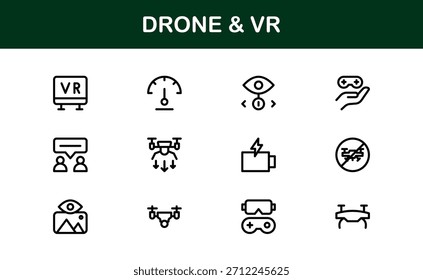 Drone und Virtual Reality Line Icon-Set - Moderne professionelle Vektorsymbol-Kollektion für Technologie-, Innovations- und Smart-Device-Branchen.