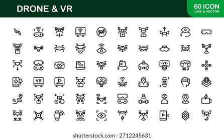 Conjunto de iconos de línea de drones y realidad virtual: colección de iconos de Vector profesional moderno para las industrias de tecnología, innovación y dispositivos inteligentes.