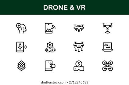 Conjunto de iconos de línea de drones y realidad virtual: colección de iconos de Vector profesional moderno para las industrias de tecnología, innovación y dispositivos inteligentes.