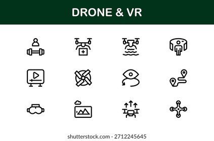 Conjunto de iconos de línea de drones y realidad virtual: colección de iconos de Vector profesional moderno para las industrias de tecnología, innovación y dispositivos inteligentes.
