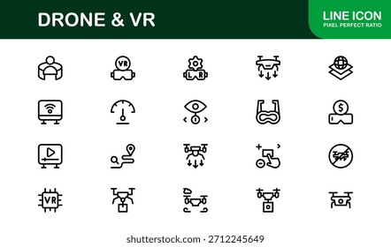 Conjunto de iconos de línea de drones y realidad virtual: colección de iconos de Vector profesional moderno para las industrias de tecnología, innovación y dispositivos inteligentes.