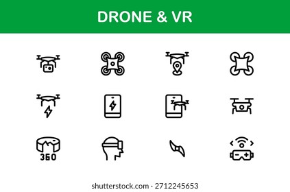 Conjunto de iconos de línea de drones y realidad virtual: colección de iconos de Vector profesional moderno para las industrias de tecnología, innovación y dispositivos inteligentes.