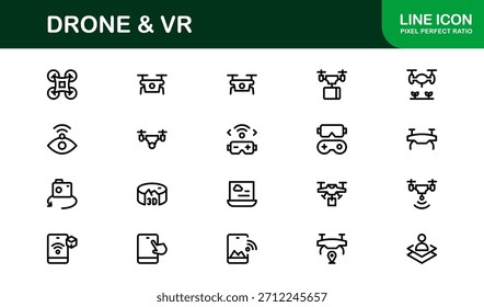 Drone und Virtual Reality Line Icon-Set - Moderne professionelle Vektorsymbol-Kollektion für Technologie-, Innovations- und Smart-Device-Branchen.