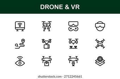 Drone und Virtual Reality Line Icon-Set - Moderne professionelle Vektorsymbol-Kollektion für Technologie-, Innovations- und Smart-Device-Branchen.