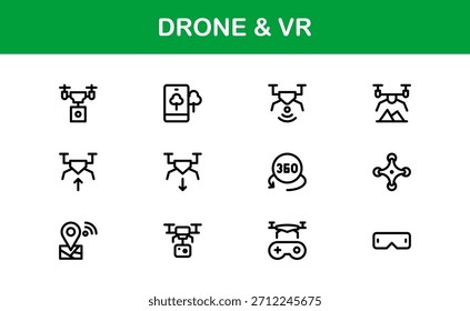 Drone and Virtual Reality line icon set – Modern professional vector icon collection for tech, innovation, and smart device industries.
