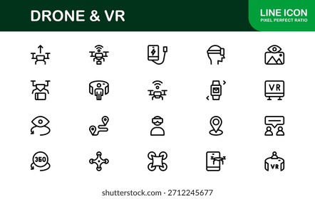 Conjunto de iconos de línea de drones y realidad virtual: colección de iconos de Vector profesional moderno para las industrias de tecnología, innovación y dispositivos inteligentes.