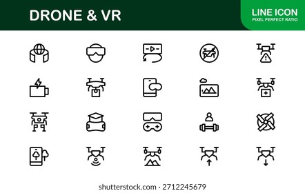 Conjunto de iconos de línea de drones y realidad virtual: colección de iconos de Vector profesional moderno para las industrias de tecnología, innovación y dispositivos inteligentes.