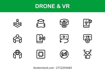 Drone und Virtual Reality Line Icon-Set - Moderne professionelle Vektorsymbol-Kollektion für Technologie-, Innovations- und Smart-Device-Branchen.