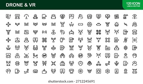 Conjunto de iconos de línea de drones y realidad virtual: colección de iconos de Vector profesional moderno para las industrias de tecnología, innovación y dispositivos inteligentes.
