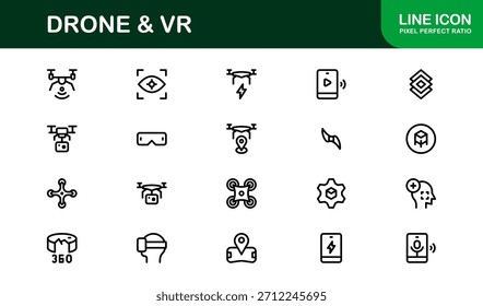 Conjunto de iconos de línea de drones y realidad virtual: colección de iconos de Vector profesional moderno para las industrias de tecnología, innovación y dispositivos inteligentes.