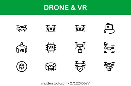 Drone und Virtual Reality Line Icon-Set - Moderne professionelle Vektorsymbol-Kollektion für Technologie-, Innovations- und Smart-Device-Branchen.