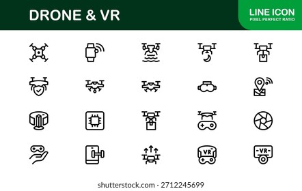 Drone und Virtual Reality Line Icon-Set - Moderne professionelle Vektorsymbol-Kollektion für Technologie-, Innovations- und Smart-Device-Branchen.