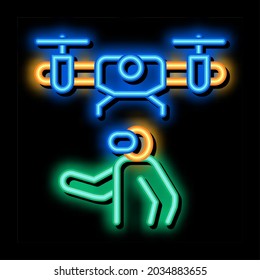 drone vr glasses remote controle neon light sign vector. Glowing bright icon drone vr glasses remote controle sign. transparent symbol illustration