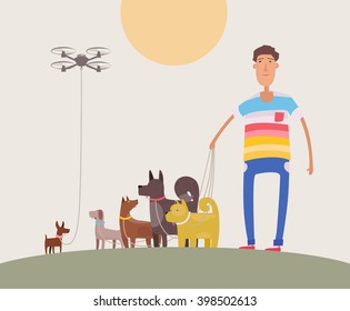 Drone walking a dog.