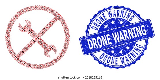 Drone Warning scratched round stamp and vector recursive mosaic forbidden repair. Blue stamp includes Drone Warning caption inside round shape.
