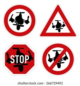 Drone warning sign. Vector set of different warning and forbidden signs with drone quadcopter.