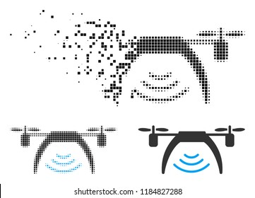 Drone WiFi repeater icon in fractured, pixelated halftone and undamaged versions. Fragments are grouped into vector disappearing drone WiFi repeater icon.